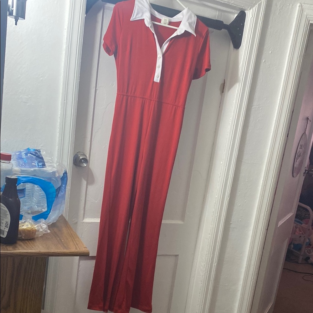 Red Jumpsuit with White Collar